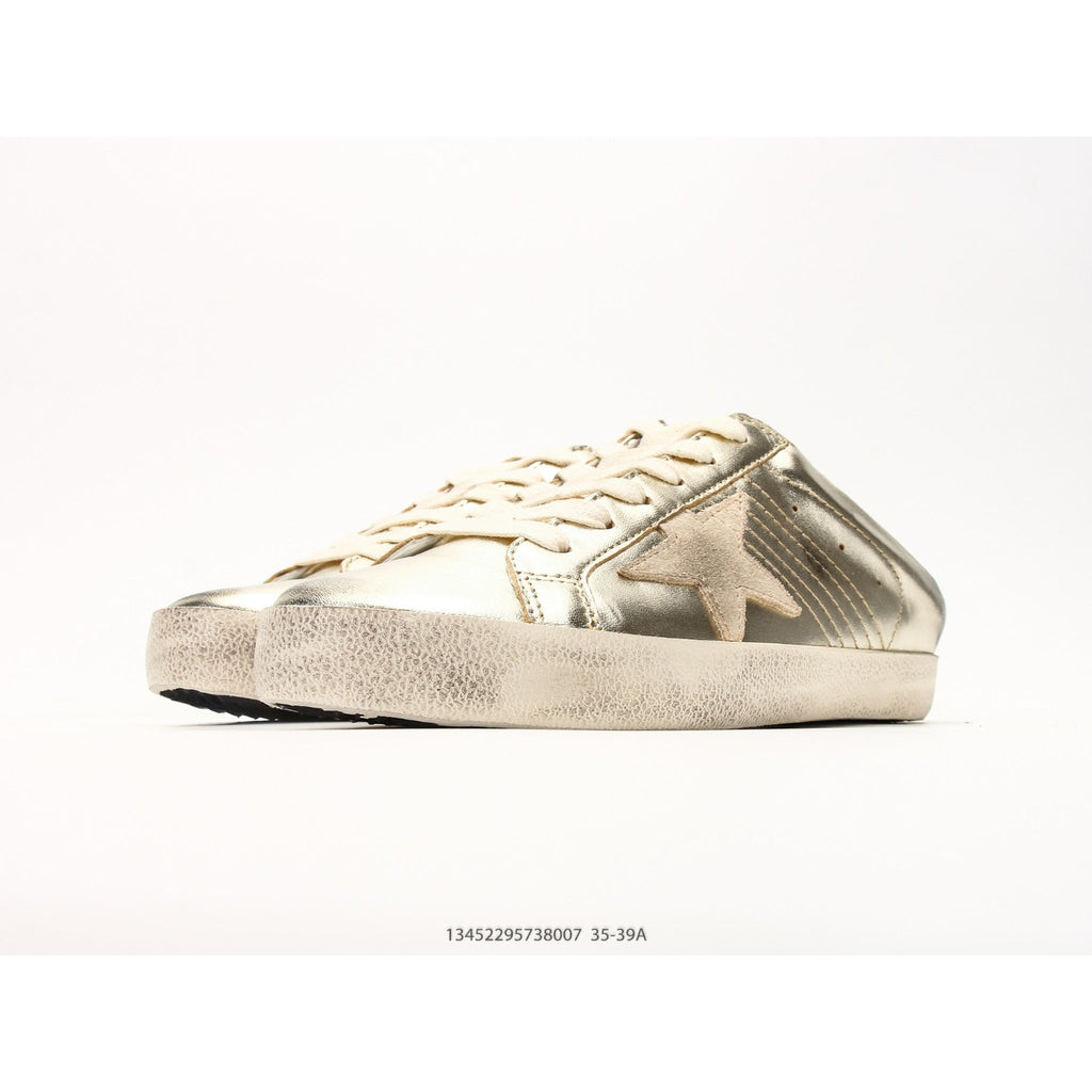 Super-Star Sabots In Platinum Foiled Leather With Beige Suede