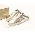 Super-Star Sabots In Platinum Foiled Leather With Beige Suede